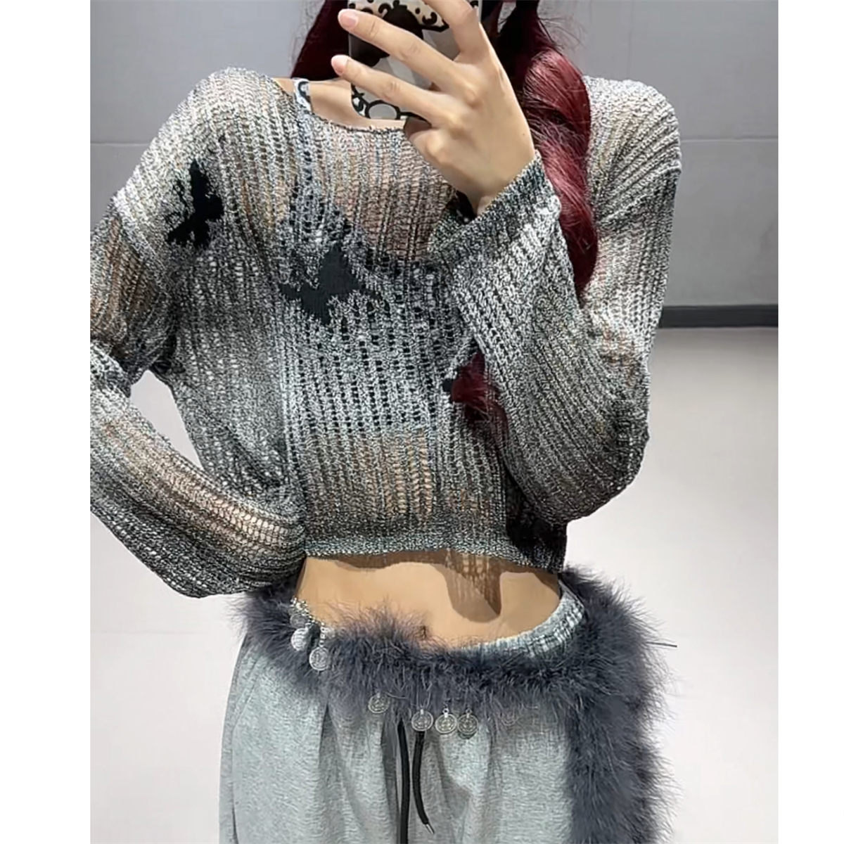 Deep Gray Knitted Short Sweater with Gray Gradient Tie-Dye Wide-Leg Sweatpants Set - Y2K Style Athleisure Outfit Deep Gray Knitted Short Sweater with Gray Gradient Tie-Dye Wide-Leg Sweatpants Set - Y2K Style Athleisure Outfit