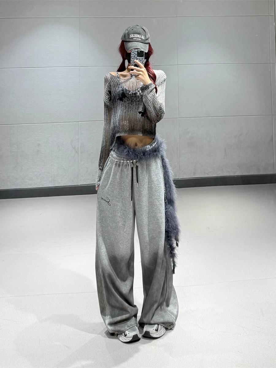 Deep Gray Knitted Short Sweater with Gray Gradient Tie-Dye Wide-Leg Sweatpants Set - Y2K Style Athleisure Outfit