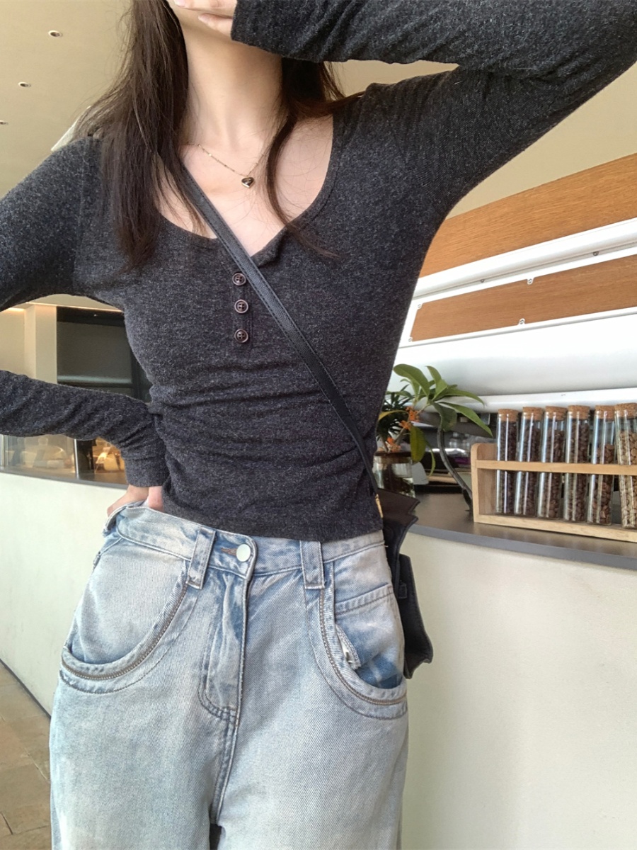 Deep Gray Square Neck T-Shirt for Women - K-Pop Inspired Jazz Dance Performance Top, Spicy Girl Style, Perfect for 90s & Y2K Fashion Deep Gray Square Neck T-Shirt for Women - K-Pop Inspired Jazz Dance Performance Top, Spicy Girl Style, Perfect for 90s & Y2K Fashion