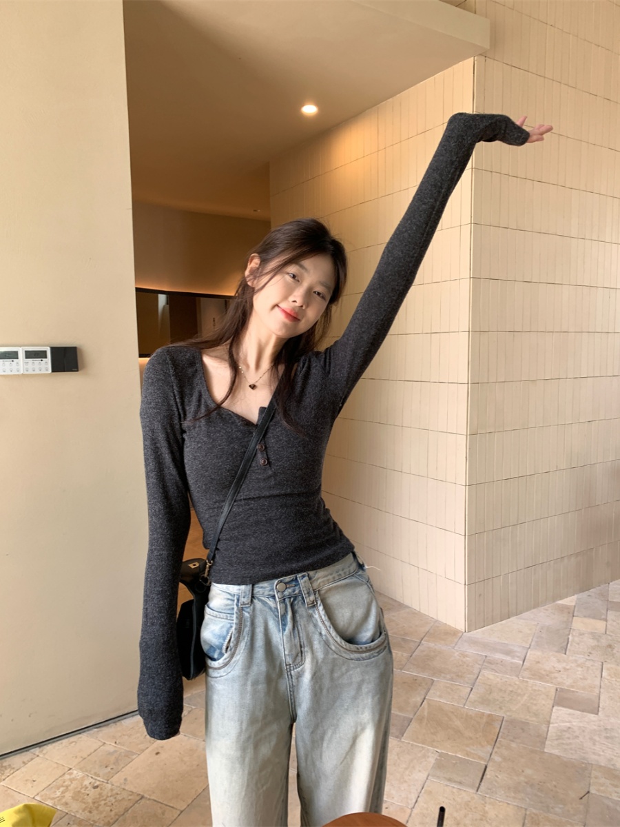 Deep Gray Square Neck T-Shirt for Women - K-Pop Inspired Jazz Dance Performance Top, Spicy Girl Style, Perfect for 90s & Y2K Fashion