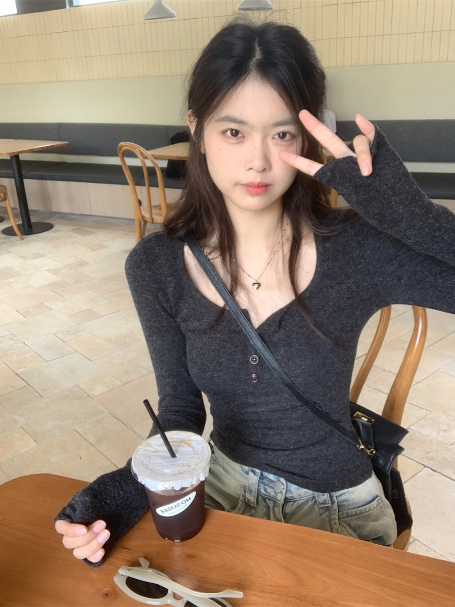 Deep Gray Square Neck T-Shirt for Women - K-Pop Inspired Jazz Dance Performance Top, Spicy Girl Style, Perfect for 90s & Y2K Fashion