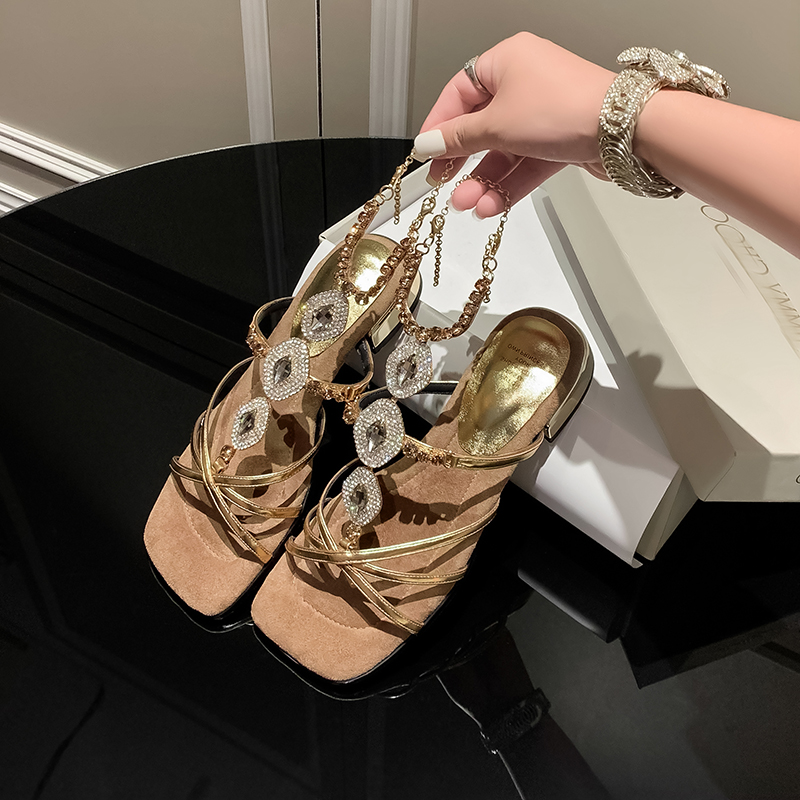 Delicate Rhinestone Chain One-Strap Square Toe Sandals with 3cm Low Block Heel - Soft Sole Summer Footwear for Women