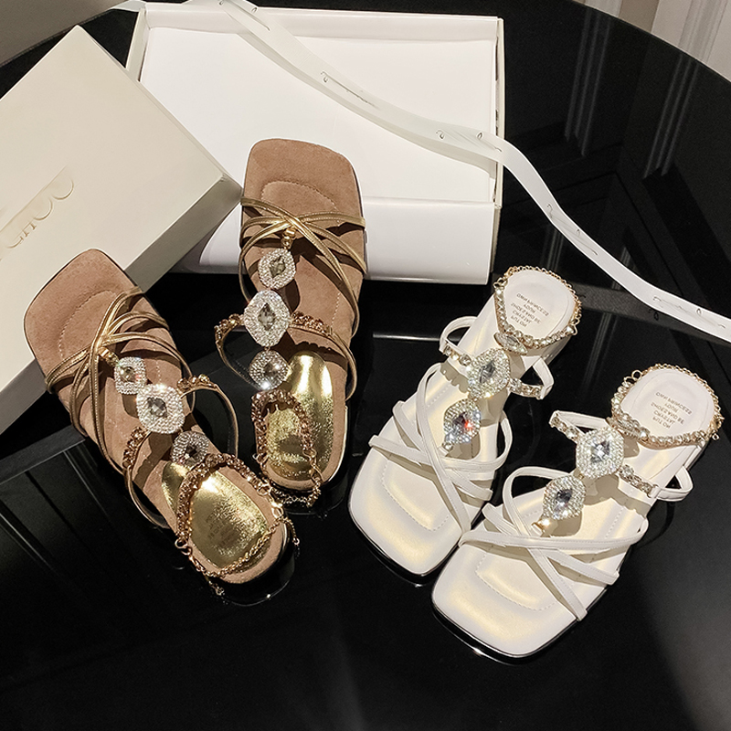 Delicate Rhinestone Chain One-Strap Square Toe Sandals with 3cm Low Block Heel - Soft Sole Summer Footwear for Women