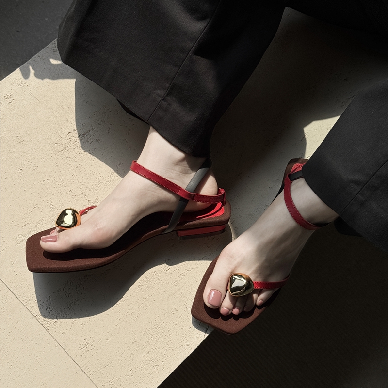 Delicate Straps French Minimalist Metal Buckle Flat Sandals for Women, Toe Post Square Toe Low Heel Summer Shoes 2025