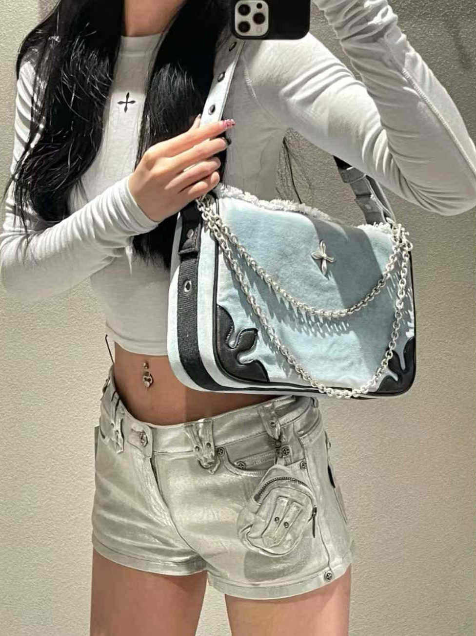 Denim Chain Bowling Bag with Cross Badge - 90s Spice Girl Inspired Boston Shoulder Bag for Trendy Style
