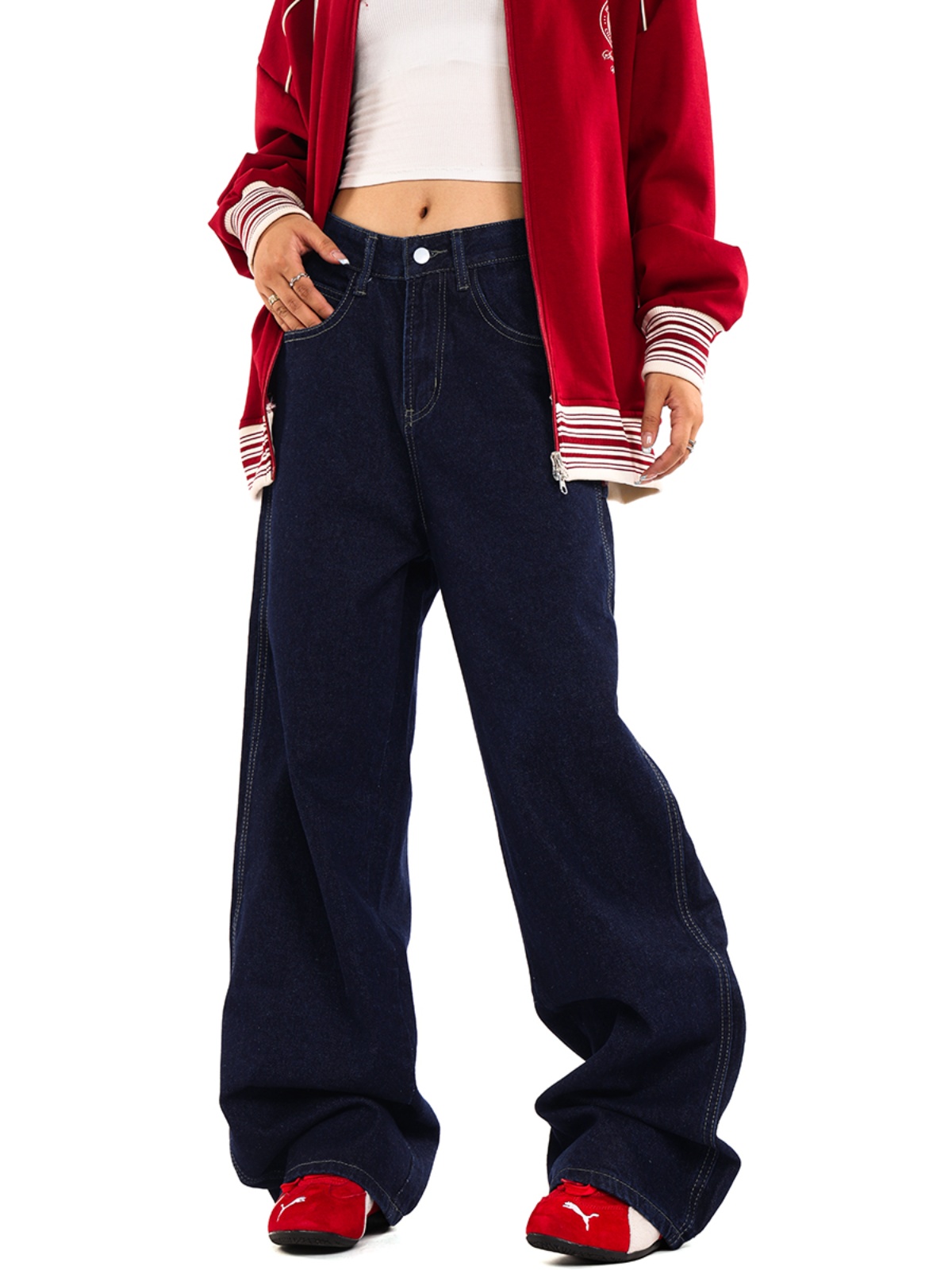 Denim Deep Blue Wash Loose American Vintage Wide-Leg Straight Pants for Men and Women - 90s Inspired Fashion Denim Deep Blue Wash Loose American Vintage Wide-Leg Straight Pants for Men and Women - 90s Inspired Fashion