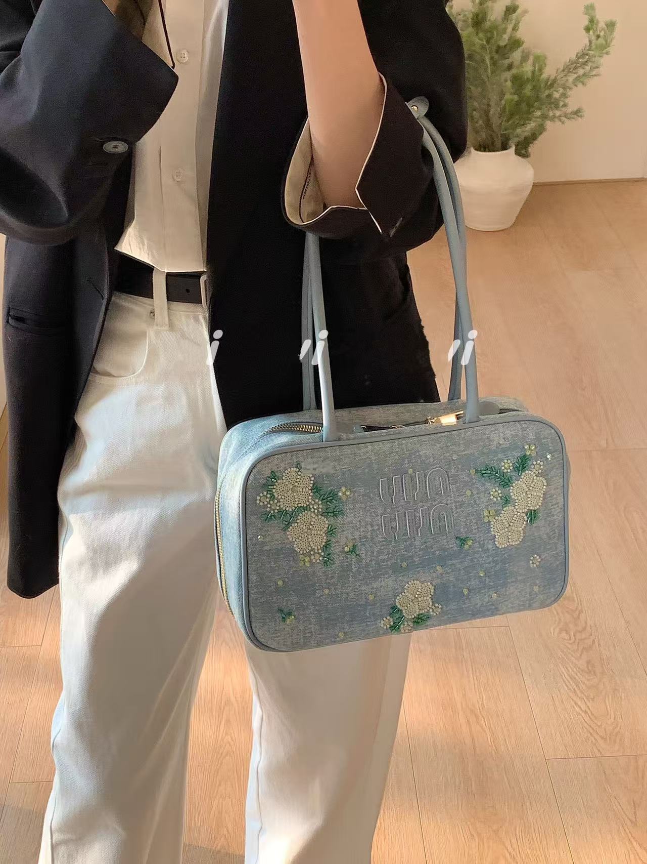 Denim Floral Embroidered Bowling Bag with Studs - Stylish Shoulder Handbag for Women - Perfect for Spring and Summer Commutes