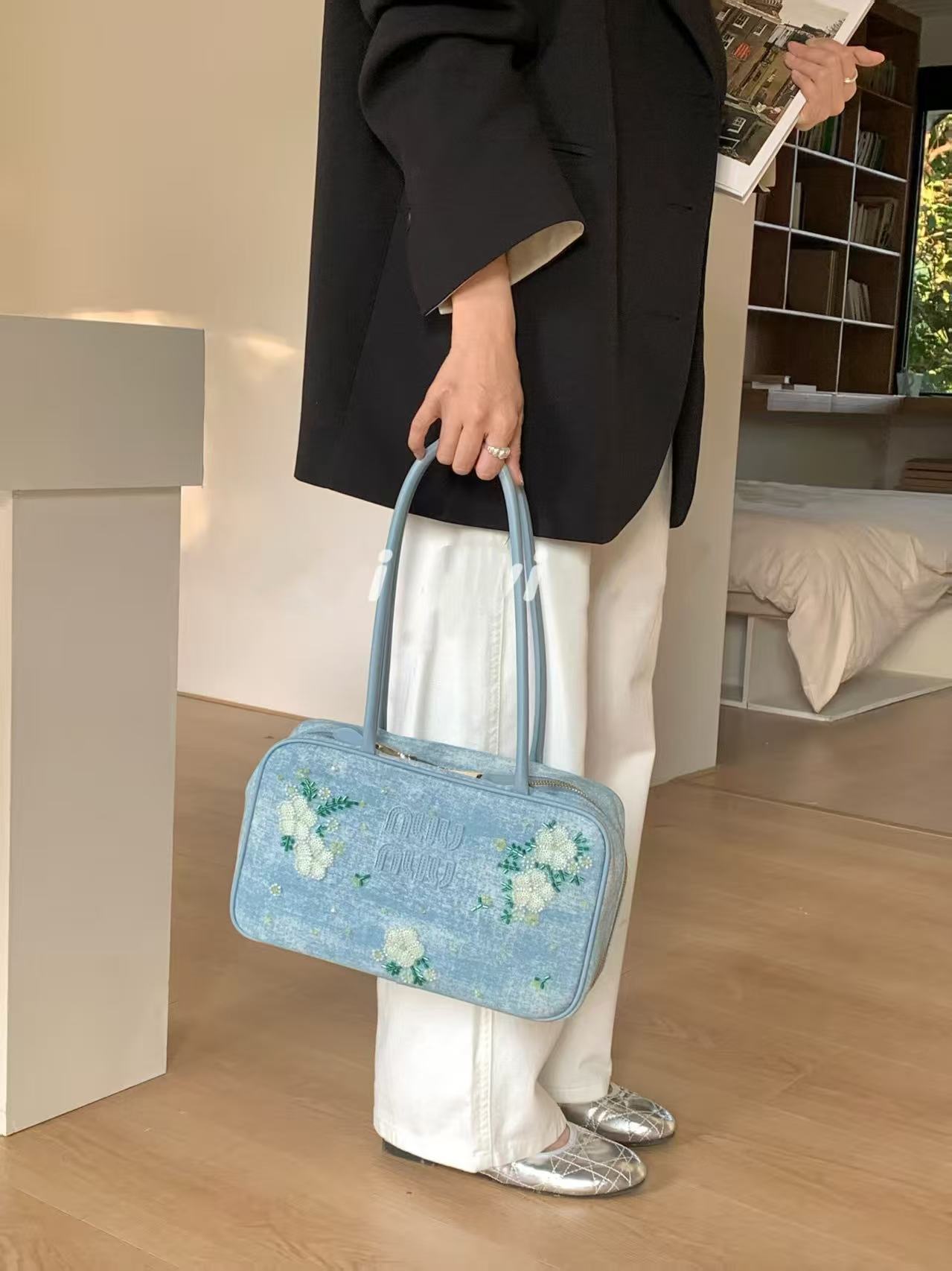 Denim Floral Embroidered Bowling Bag with Studs - Stylish Shoulder Handbag for Women - Perfect for Spring and Summer Commutes