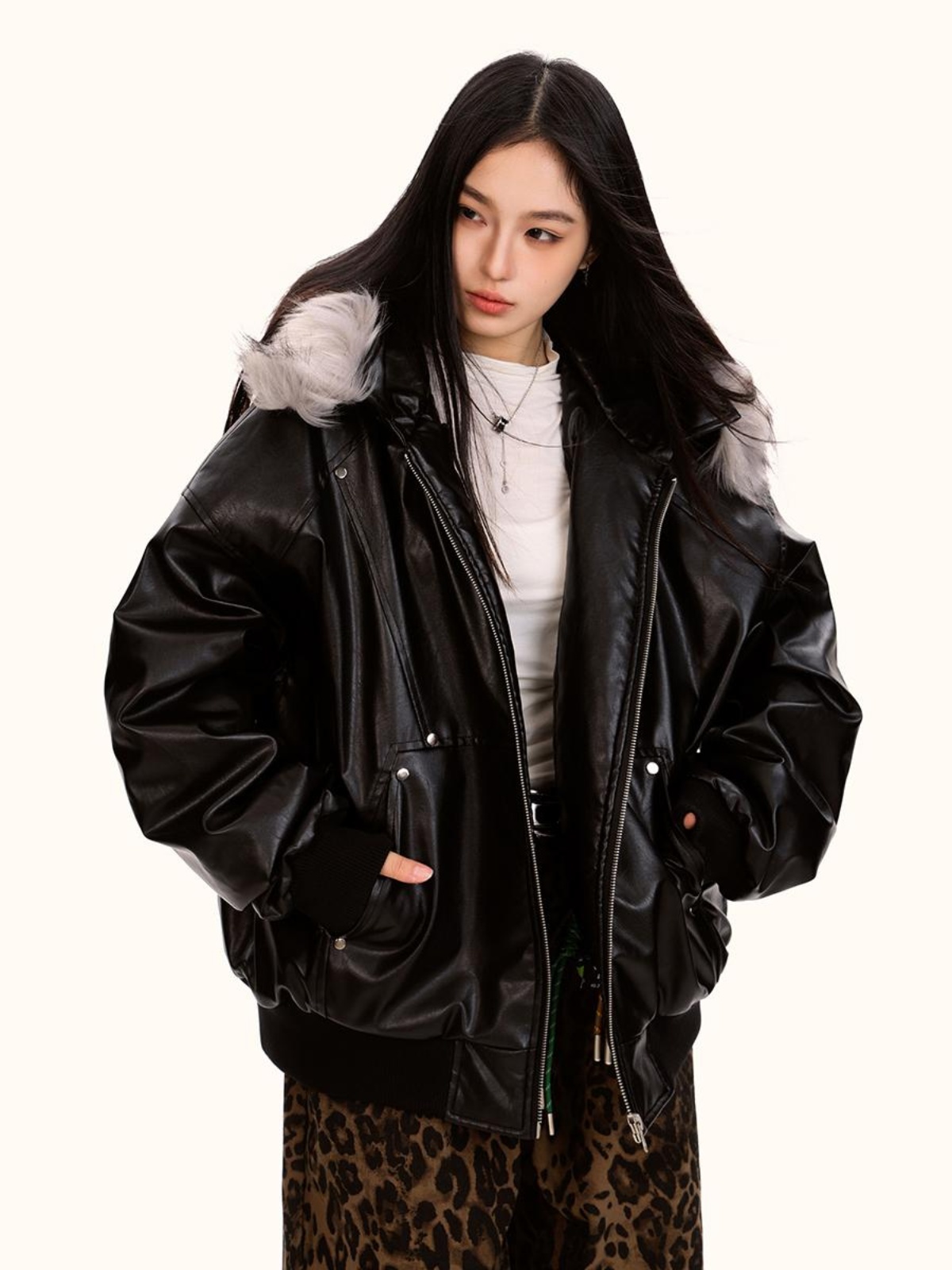 Detachable Fur Collar PU Leather Jacket for Men and Women - Trendy Loose Fit Cotton Coat for Autumn and Winter Fashion