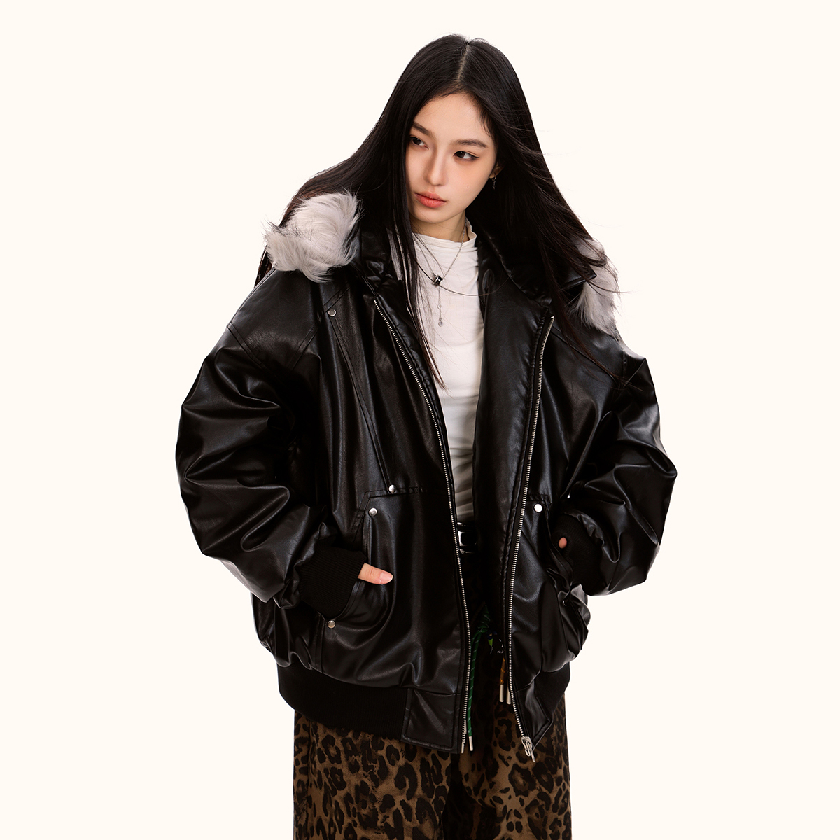 Detachable Fur Collar PU Leather Jacket for Men and Women - Trendy Loose Fit Cotton Coat for Autumn and Winter Fashion