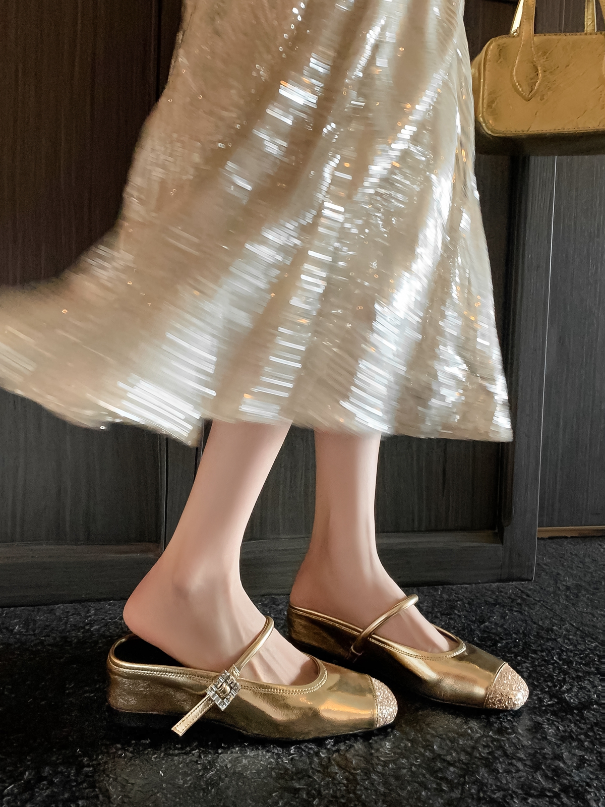 Diamond-Encrusted High-Heeled Mary Jane Shoes with Sequined Gold, High-Increase Design for Outdoor Wear, Y2K Style