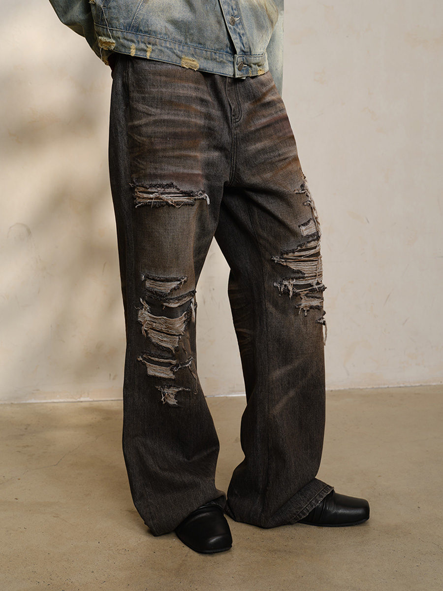 Distressed Black Vintage Jeans with Inner Seam Wash Pad and Oil Stain Detail - Y2K Street Style Denim Distressed Black Vintage Jeans with Inner Seam Wash Pad and Oil Stain Detail - Y2K Street Style Denim