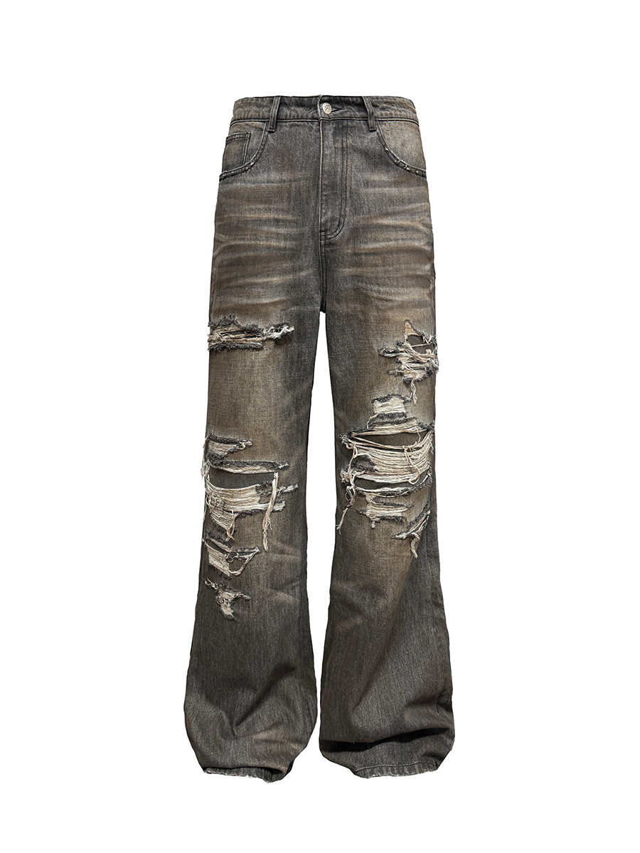 Distressed Black Vintage Jeans with Inner Seam Wash Pad and Oil Stain Detail - Y2K Street Style Denim
