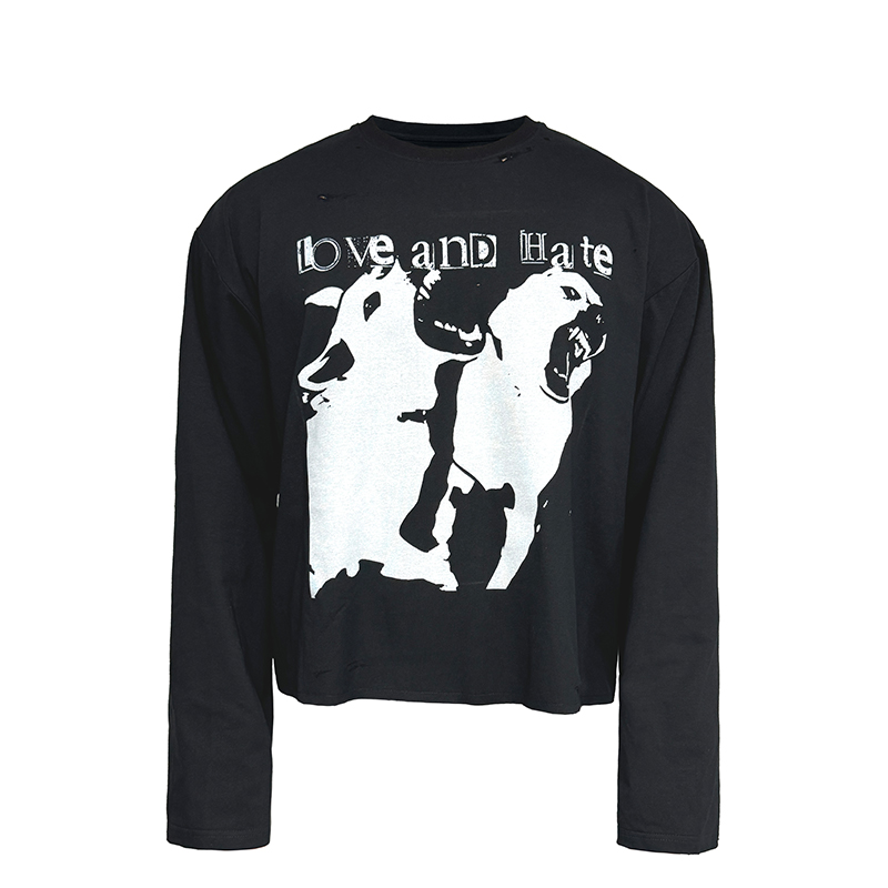 Distressed Dog Bite Print Long Sleeve T-shirt - Handcrafted Short Wide Fit, Trendy Casual Style