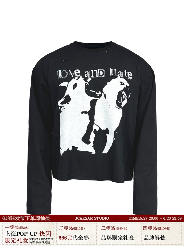 Distressed Dog Bite Print Long Sleeve T-shirt - Handcrafted Short Wide Fit, Trendy Casual Style