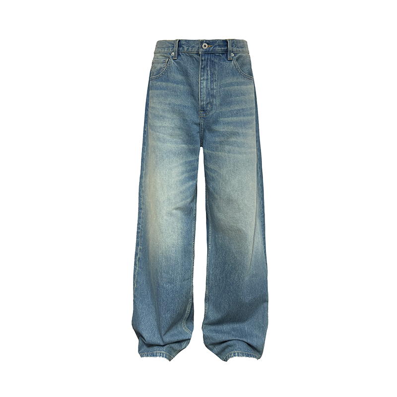 Distressed Straight Leg Blue Jeans for Women - Vintage Retro Wash Denim with Natural Whiskers, 90s Inspired Fashion, 13.5OZ