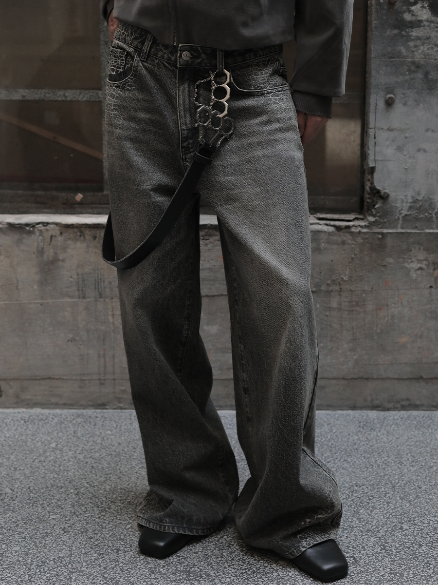 Distressed Wide-Leg Spider Web Jeans in Ash Gray - 14oz Cobweb Denim for Y2K and 90s Style Fashion Distressed Wide-Leg Spider Web Jeans in Ash Gray - 14oz Cobweb Denim for Y2K and 90s Style Fashion