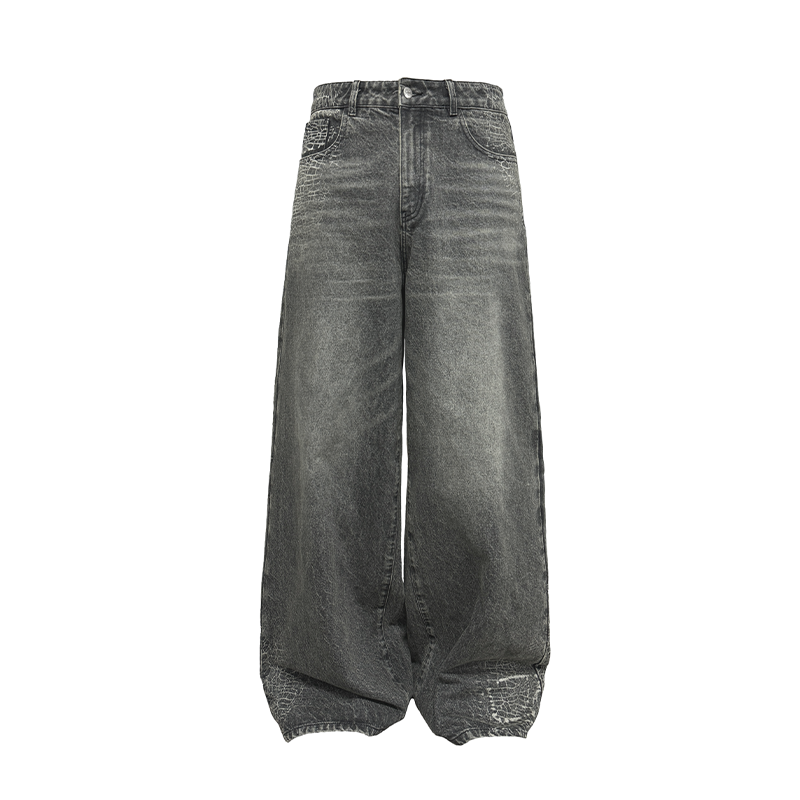 Distressed Wide-Leg Spider Web Jeans in Ash Gray - 14oz Cobweb Denim for Y2K and 90s Style Fashion