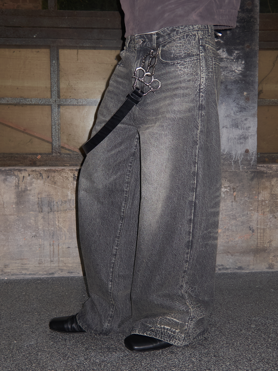 Distressed Wide-Leg Spider Web Jeans in Ash Gray - 14oz Cobweb Denim for Y2K and 90s Style Fashion Distressed Wide-Leg Spider Web Jeans in Ash Gray - 14oz Cobweb Denim for Y2K and 90s Style Fashion