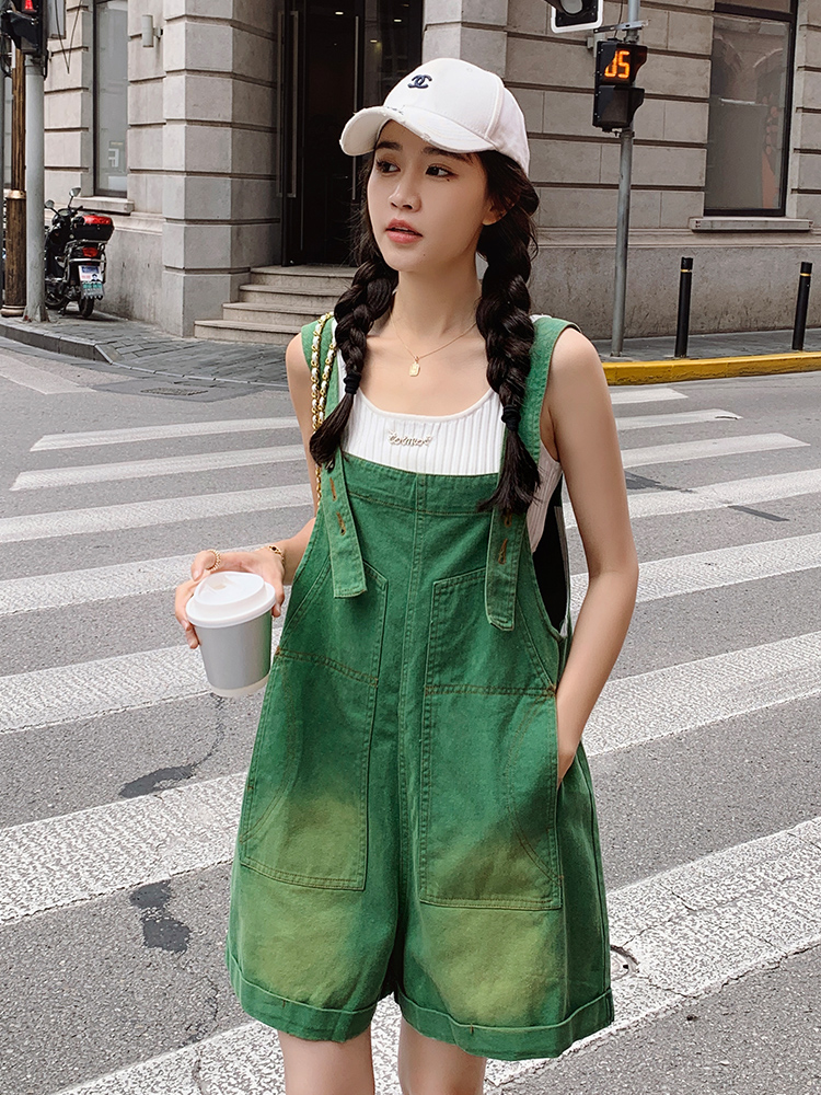 Dopamine Green Denim Overalls for Women - Trendy Summer Style 2025, Stylish Niche Work Shorts with Age-Reducing Appeal