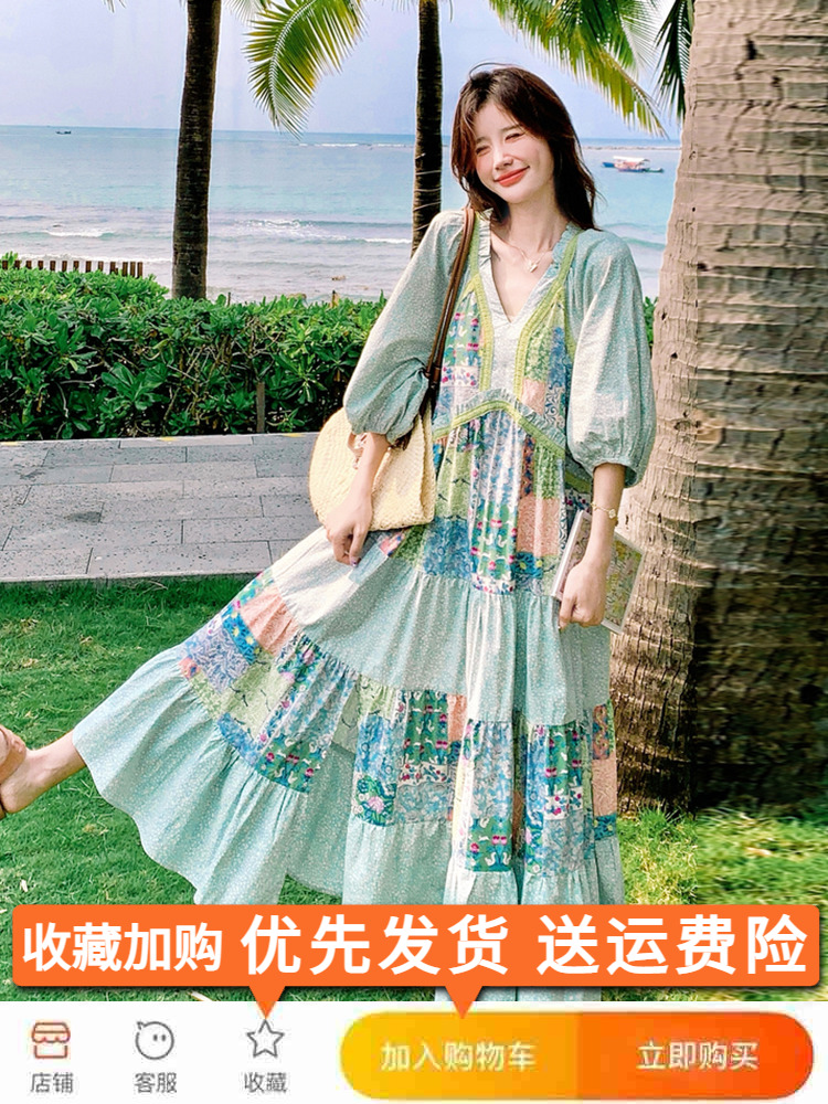 Dopamine Green Floral Patchwork V-Neck Maxi Dress for Women, Unique Loose Fit, Stunning Vacation Ankle-Length Style Dopamine Green Floral Patchwork V-Neck Maxi Dress for Women, Unique Loose Fit, Stunning Vacation Ankle-Length Style