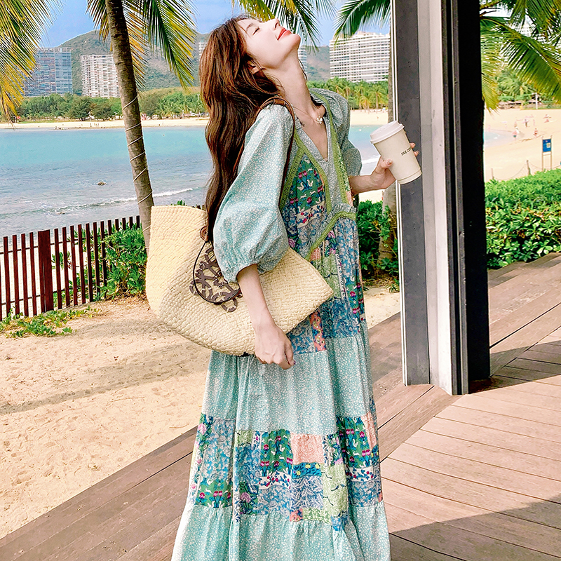 Dopamine Green Floral Patchwork V-Neck Maxi Dress for Women, Unique Loose Fit, Stunning Vacation Ankle-Length Style