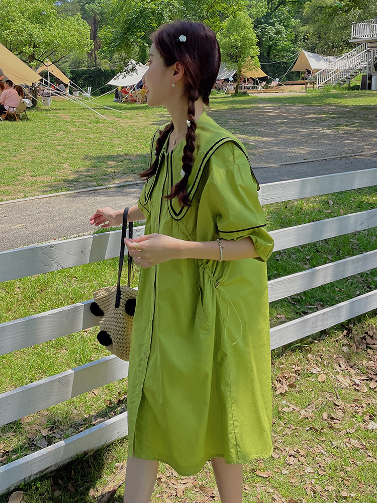 Dopamine Green Navy Collar Shirt Dress for Women - Summer 2025 Loose College Style Doll Dress with Forest Aesthetic Dopamine Green Navy Collar Shirt Dress for Women - Summer 2025 Loose College Style Doll Dress with Forest Aesthetic