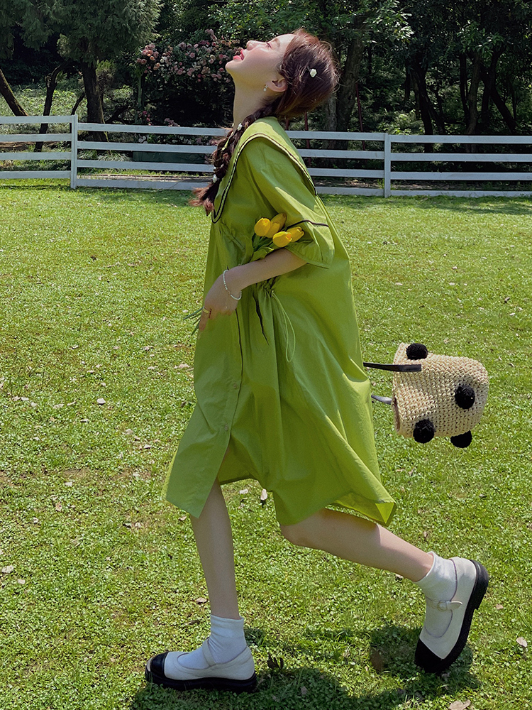 Dopamine Green Navy Collar Shirt Dress for Women - Summer 2025 Loose College Style Doll Dress with Forest Aesthetic Dopamine Green Navy Collar Shirt Dress for Women - Summer 2025 Loose College Style Doll Dress with Forest Aesthetic