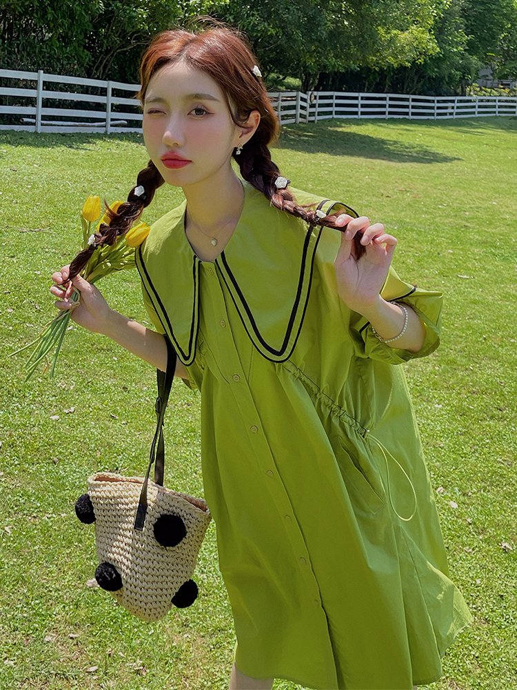 Dopamine Green Navy Collar Shirt Dress for Women - Summer 2025 Loose College Style Doll Dress with Forest Aesthetic