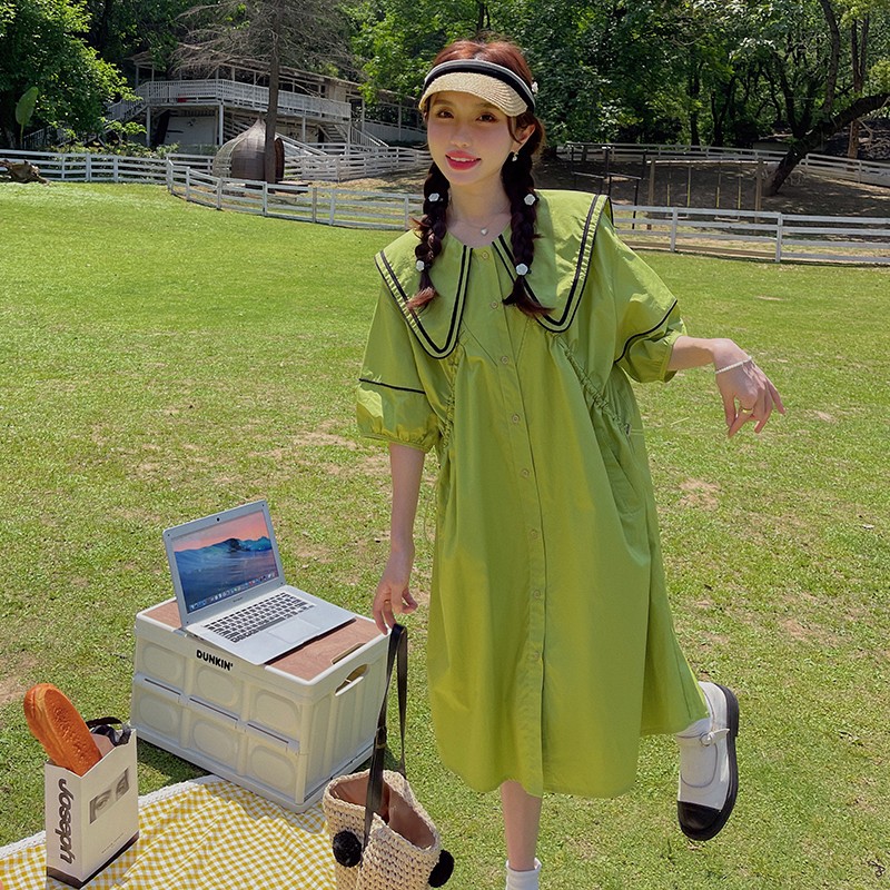 Dopamine Green Navy Collar Shirt Dress for Women - Summer 2025 Loose College Style Doll Dress with Forest Aesthetic Dopamine Green Navy Collar Shirt Dress for Women - Summer 2025 Loose College Style Doll Dress with Forest Aesthetic