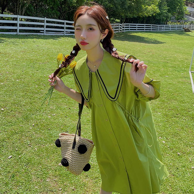 Dopamine Green Navy Collar Shirt Dress for Women - Summer 2025 Loose College Style Doll Dress with Forest Aesthetic