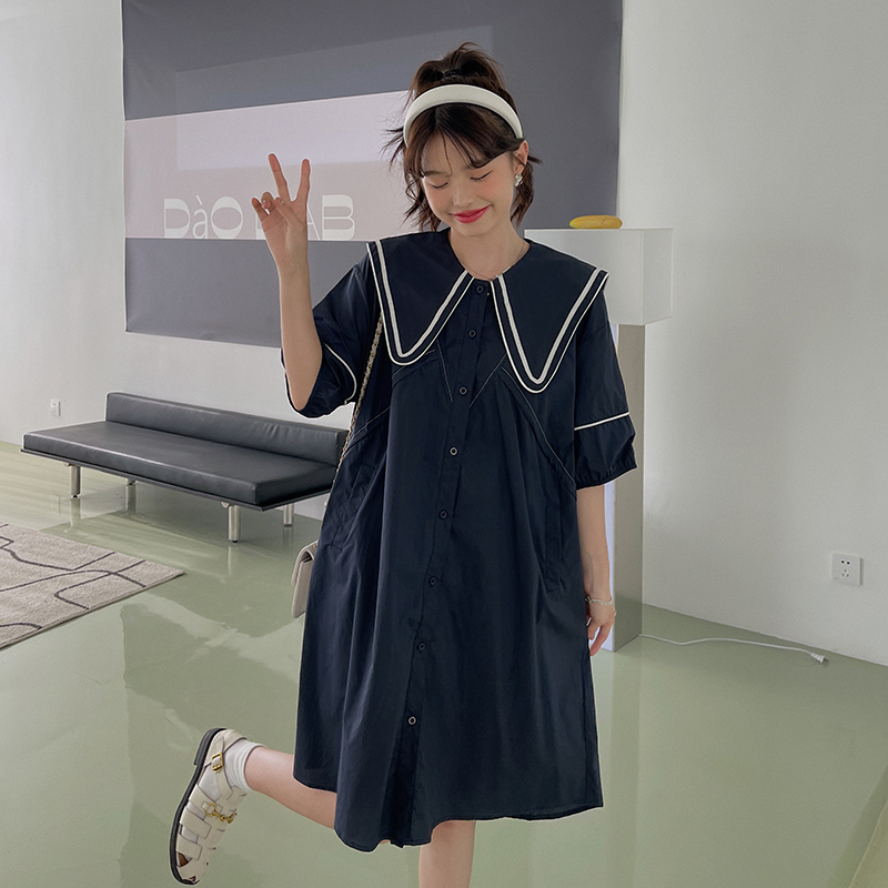 Dopamine Green Navy Collar Shirt Dress for Women - Summer 2025 Loose College Style Doll Dress with Forest Aesthetic Dopamine Green Navy Collar Shirt Dress for Women - Summer 2025 Loose College Style Doll Dress with Forest Aesthetic