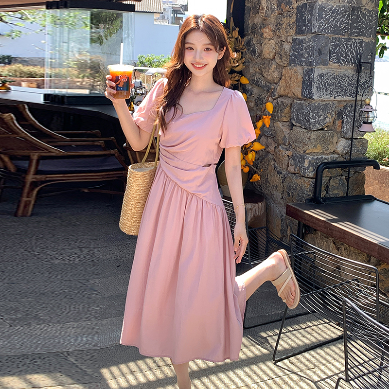 Dopamine Pink Bubble Sleeve Square Neck Dress for Women - Summer Waist-Cinching Irregular Long Vacation Dress, Y2K Style