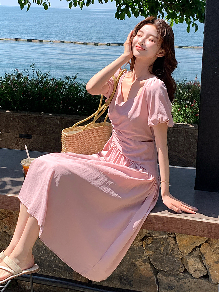 Dopamine Pink Bubble Sleeve Square Neck Dress for Women - Summer Waist-Cinching Irregular Long Vacation Dress, Y2K Style Dopamine Pink Bubble Sleeve Square Neck Dress for Women - Summer Waist-Cinching Irregular Long Vacation Dress, Y2K Style