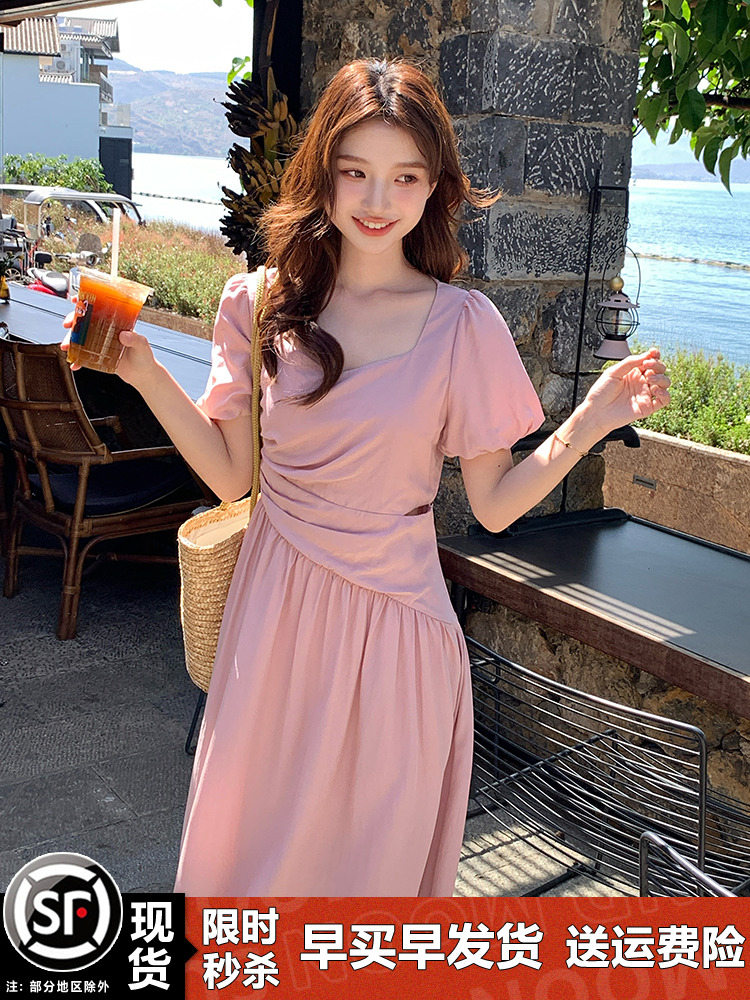 Dopamine Pink Bubble Sleeve Square Neck Dress for Women - Summer Waist-Cinching Irregular Long Vacation Dress, Y2K Style Dopamine Pink Bubble Sleeve Square Neck Dress for Women - Summer Waist-Cinching Irregular Long Vacation Dress, Y2K Style