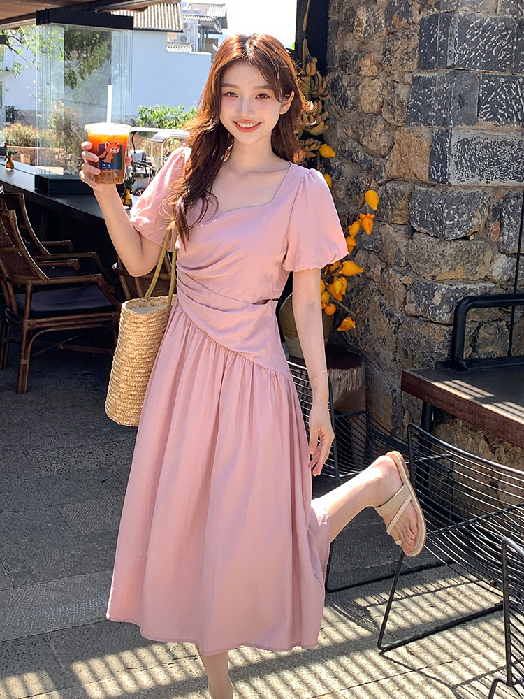 Dopamine Pink Bubble Sleeve Square Neck Dress for Women - Summer Waist-Cinching Irregular Long Vacation Dress, Y2K Style