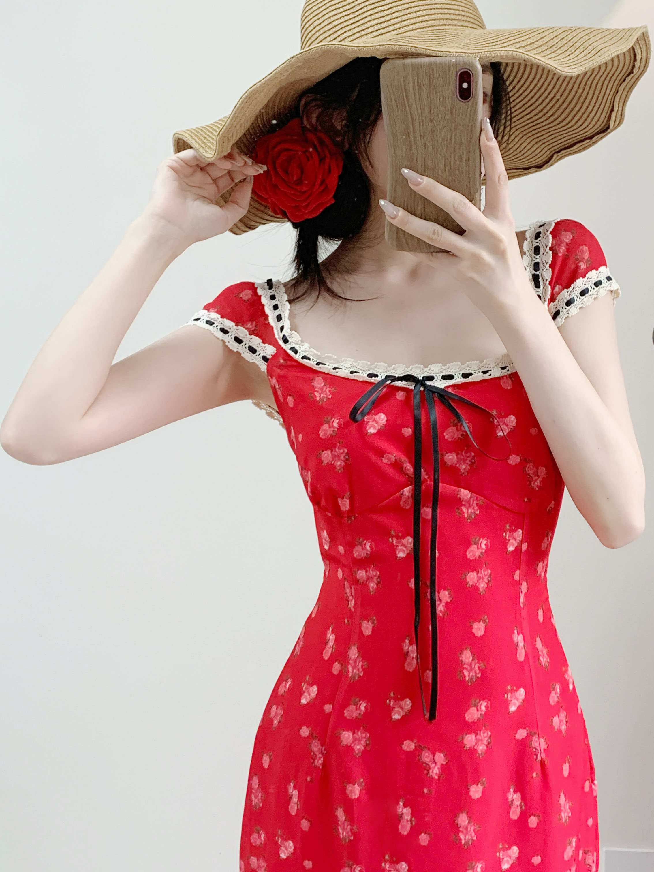 Dopamine Red Cherry Print Floral Spaghetti Strap Mermaid Dress for Women - Summer Vacation Long Skirt Seaside Style