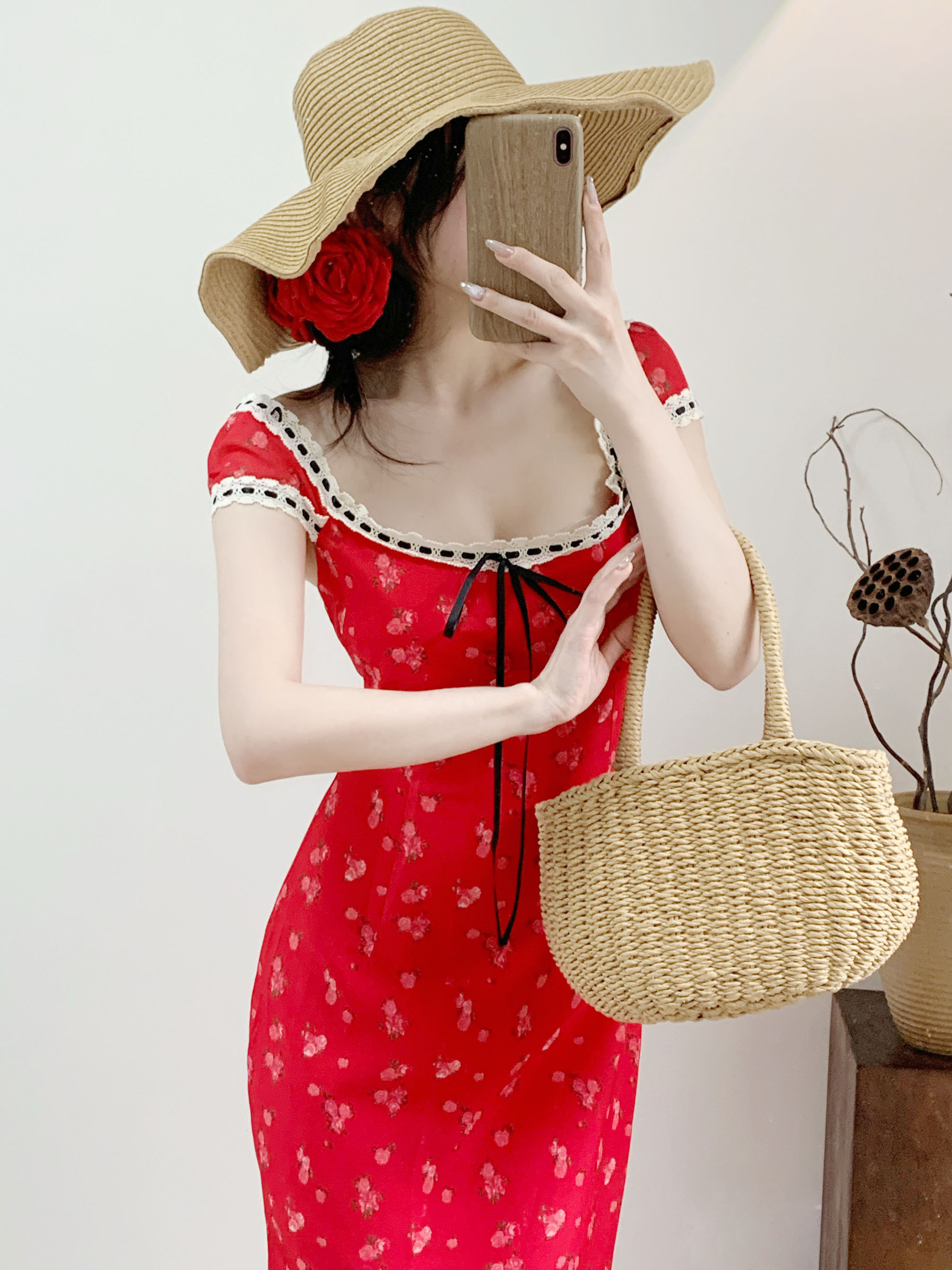 Dopamine Red Cherry Print Floral Spaghetti Strap Mermaid Dress for Women - Summer Vacation Long Skirt Seaside Style