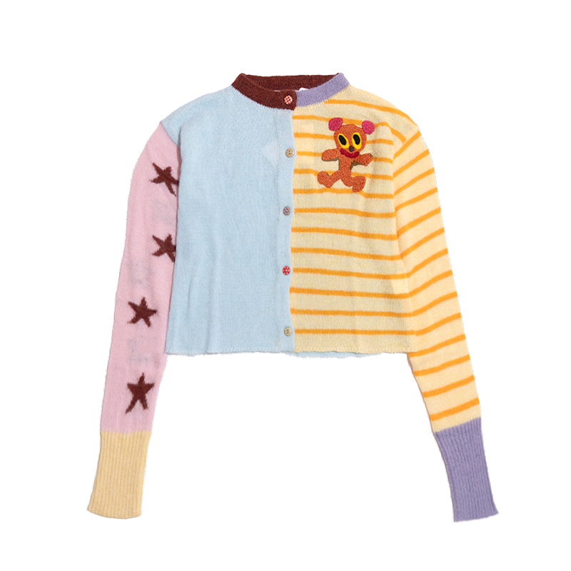 Dopamine Yellow and Blue Color-Block Knitted Cardigan Sweater - Thin Outerwear for Y2K and Casual Style