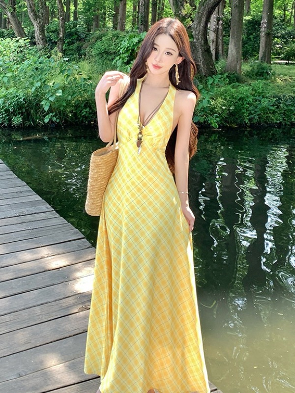 Dopamine Yellow Plaid V-Neck Halter Dress for Women, Long Summer Dress for Beach Vacation, Trendy 90s Style