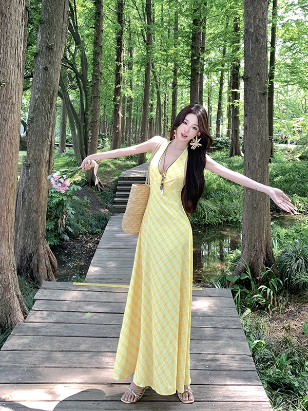 Dopamine Yellow Plaid V-Neck Halter Dress for Women, Long Summer Dress for Beach Vacation, Trendy 90s Style