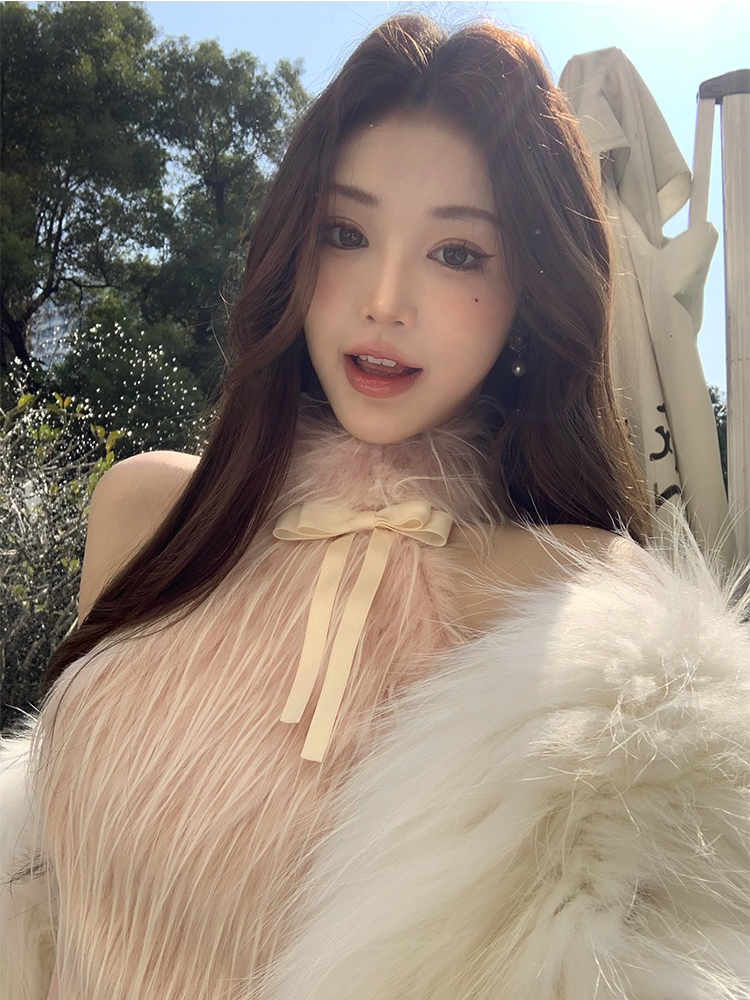 Double-Layer Bow Eco-Friendly Wool Vest for Women - Halter Strapless Backless Top in Early Spring Style