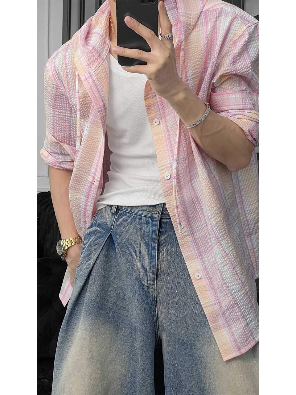 Dragon Talk Summer Plaid Pleated Textured Loose Hooded Long Sleeve Shirt - Versatile Sun Protection for Y2K Style