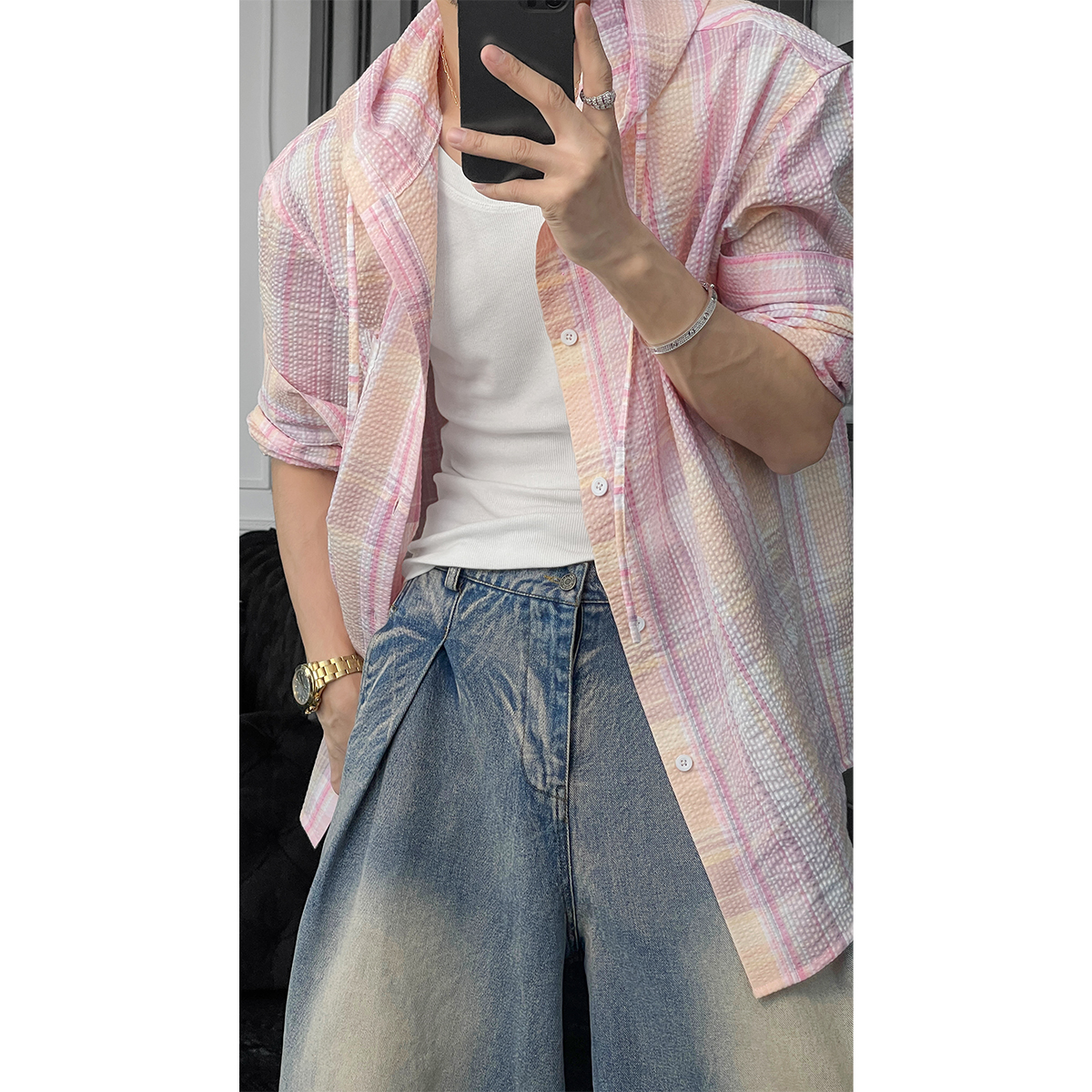 Dragon Talk Summer Plaid Pleated Textured Loose Hooded Long Sleeve Shirt - Versatile Sun Protection for Y2K Style