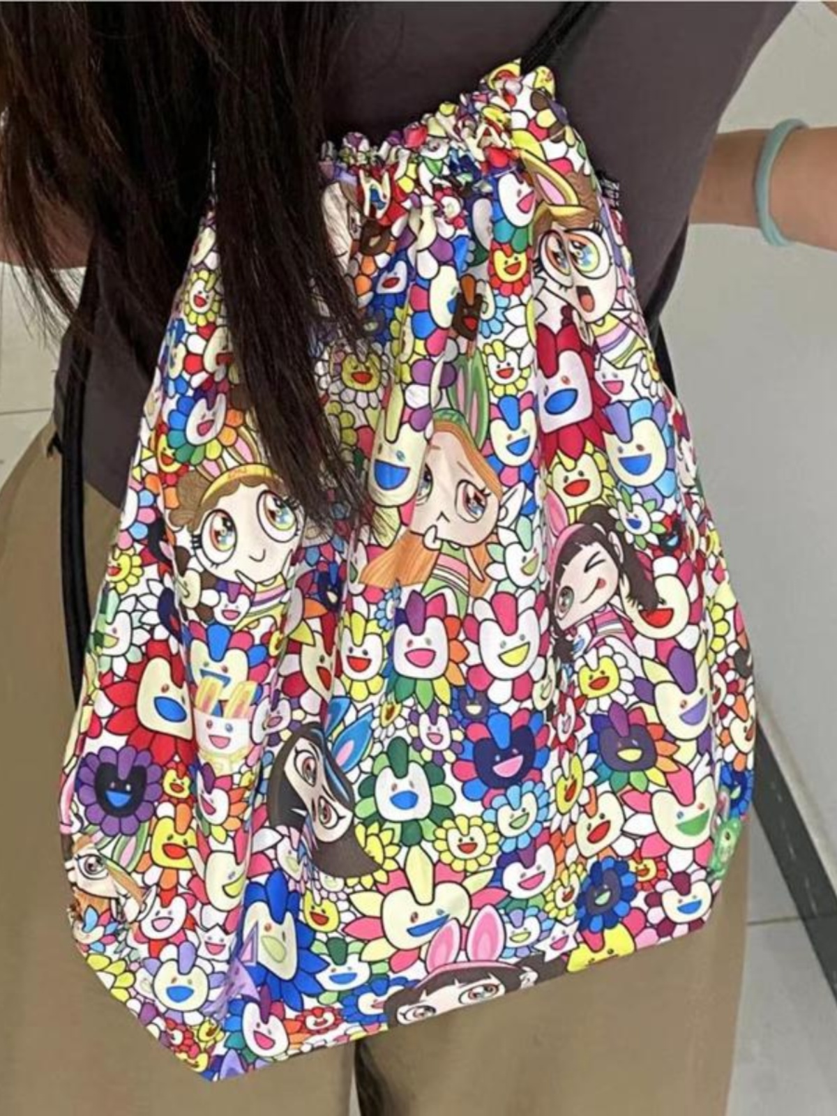 Drawstring Closure Backpack with Japanese Cartoon Print, Nylon Fabric, Niche Design - Trendy Student School Bag