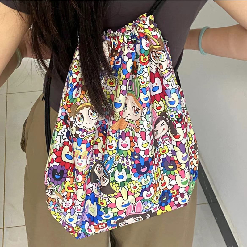 Drawstring Closure Backpack with Japanese Cartoon Print, Nylon Fabric, Niche Design - Trendy Student School Bag