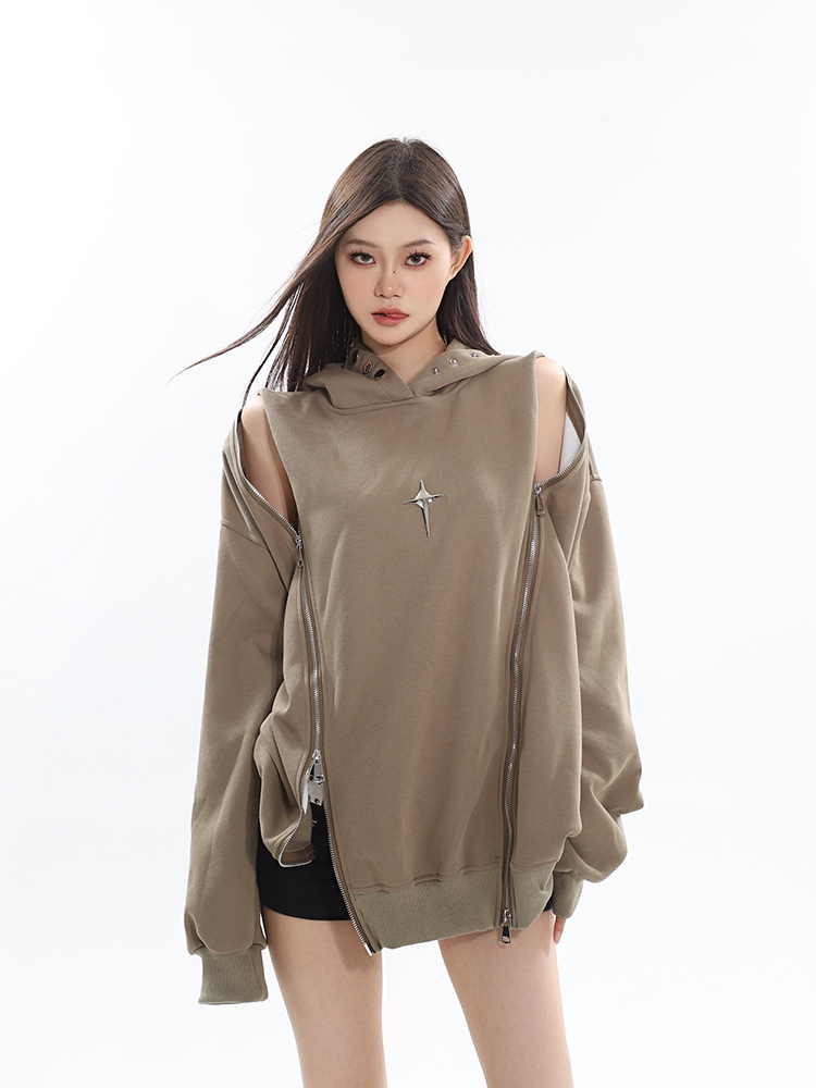 Early Autumn Niche Jacket Double Zipper Hollow Out Design Shoulder-Exposing Hoodie for a Stylish 90s Inspired Look