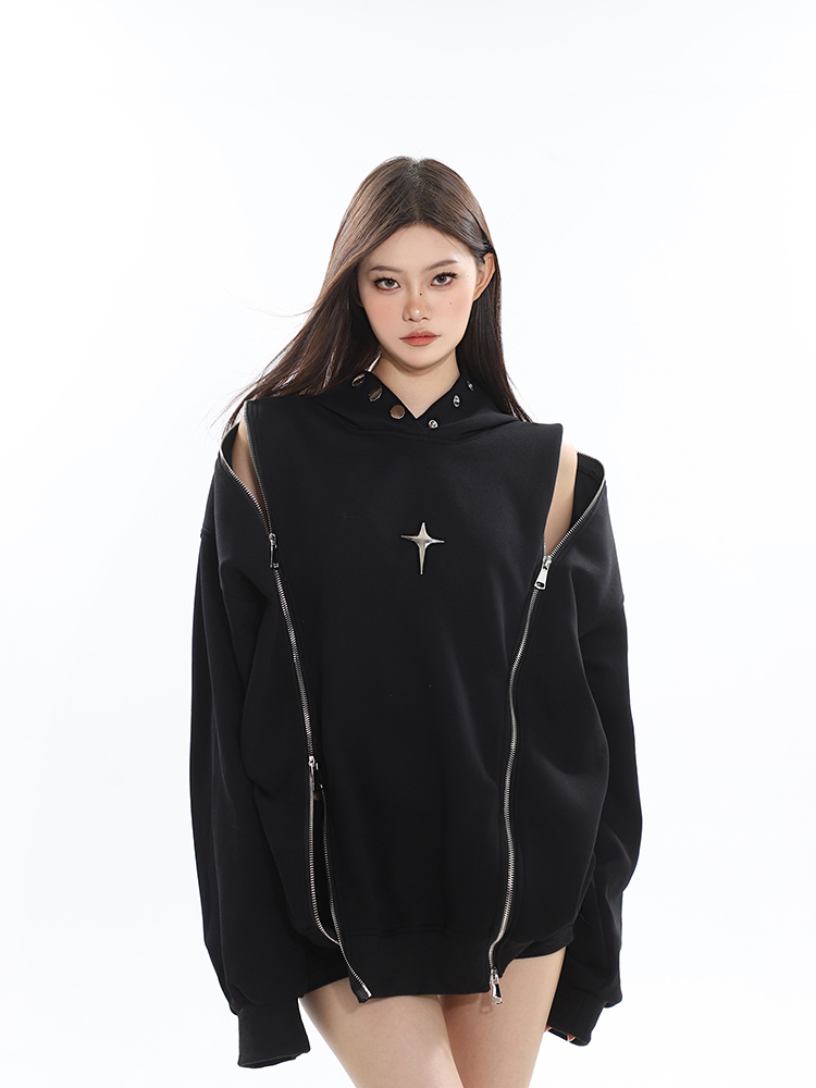 Early Autumn Niche Jacket Double Zipper Hollow Out Design Shoulder-Exposing Hoodie for a Stylish 90s Inspired Look