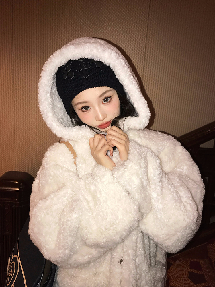 Eco-Friendly Faux Fur Hooded Winter Coat for Women - Thickened Warm White Outerwear