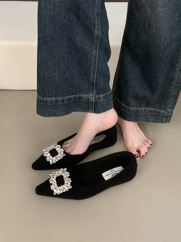 Elegant Black Plush Mary Jane Shoes for Autumn & Winter - 2025 French Flat Style in Woolen Fabric, Perfect for Skirts and Dresses